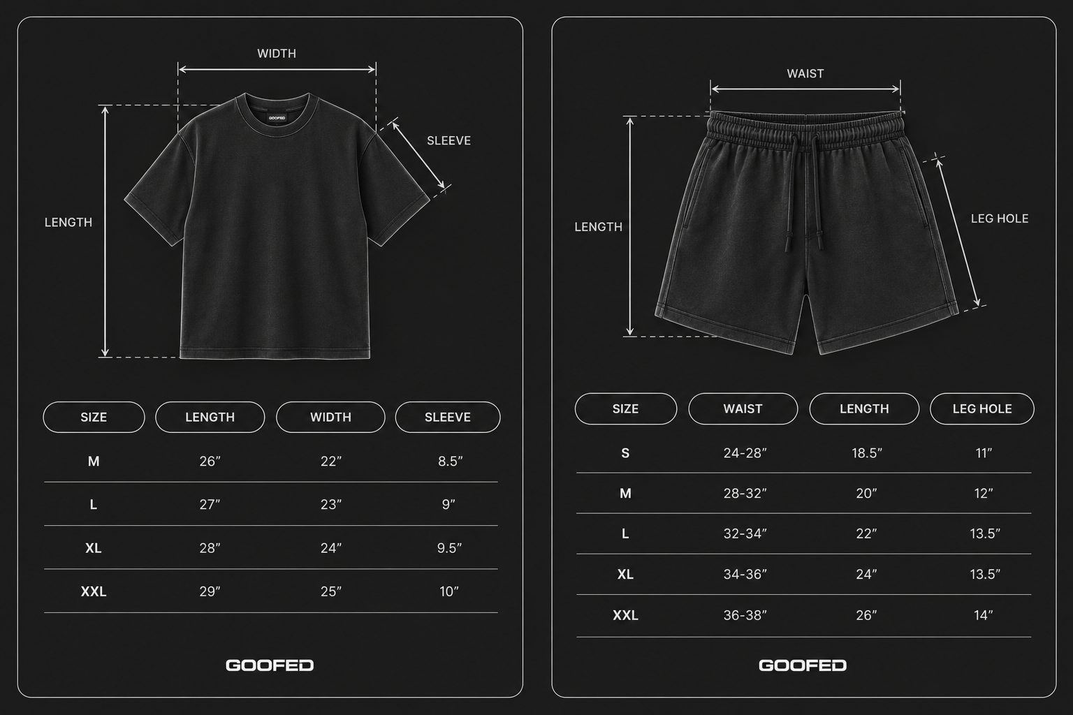 GOOFED size chart